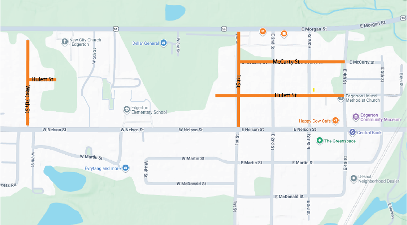 A map of the streets on the north side of Edgerton. West 7th, Hulett, 1st and McCarty streets are highlighted in orange showing where chip seal work will be done