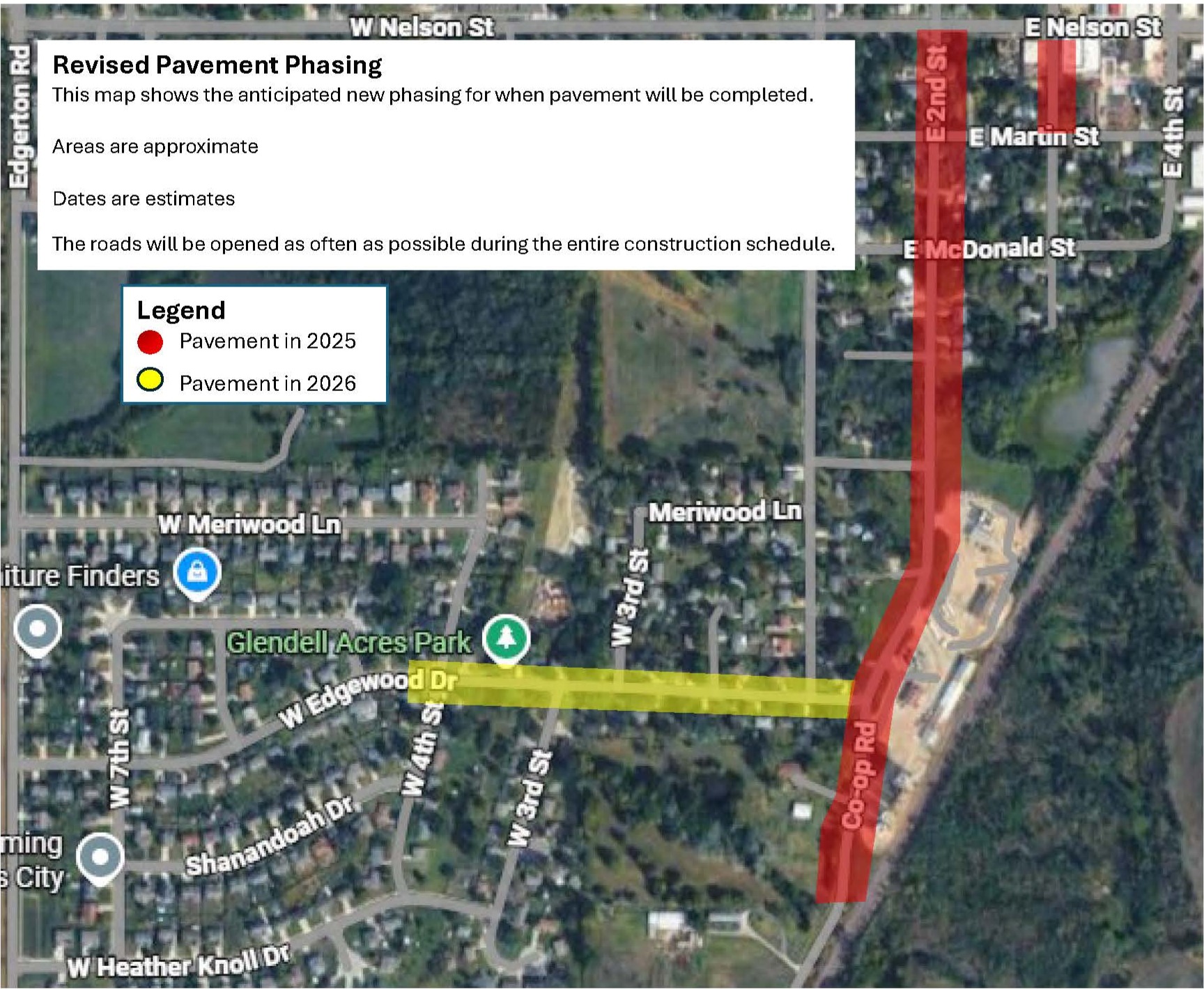A map showing a red line down Edgewood, indicating pavement is complete in 2025. A yellow line covers Edgewood Drive indicating that pavement will be laid in 2026