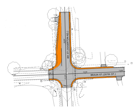 A sketch of the 8th and Braun intersection. Orange highlighted areas show where pavement will be added.