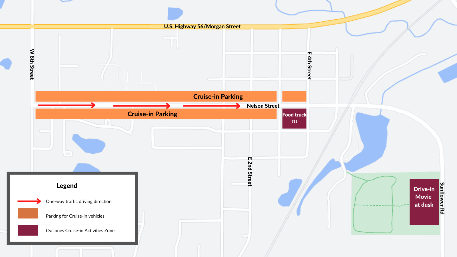 A map for the Cruise-In event showing parking highlighted in orange and events in maroon. 