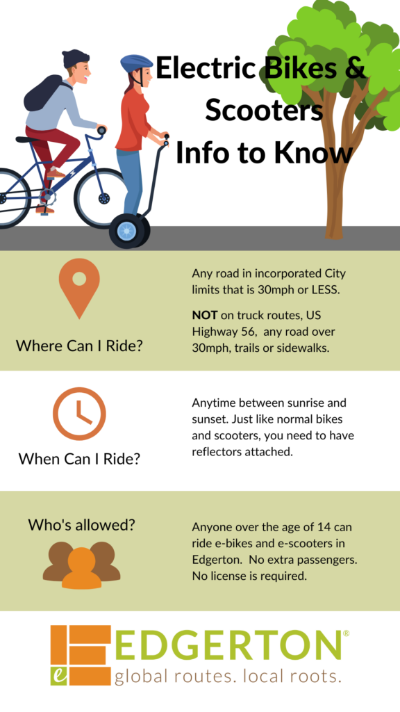 An infographic with people on electric bikes and scooters. Below it says: Where can i ride? Any road that is 30mph or less in Edgerton city limits. When can i ride? Anytime between sunrise and sunset. Who's allowed? Anyone over the age of 14. But no extra passengers.
