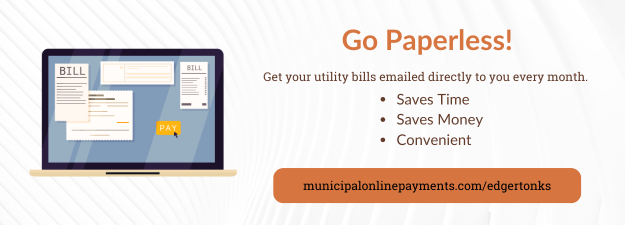 A computer screen with bills and the word pay. On the right hand side, the words "Go Paperless, saves time, saves money, convenient with a link to the City's payment portal