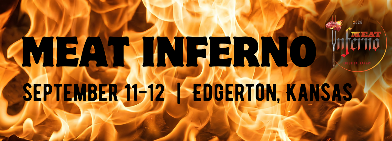 Fire in the background with the words Meat Inferno, September 11, downtown Edgerton