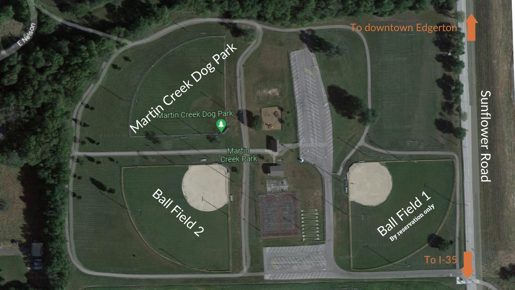 A map of Martin Creek Park showing Field 1 next to Sunflower Road. Field 2 in the southwest corner of the park and the dog park in the northwest corner.