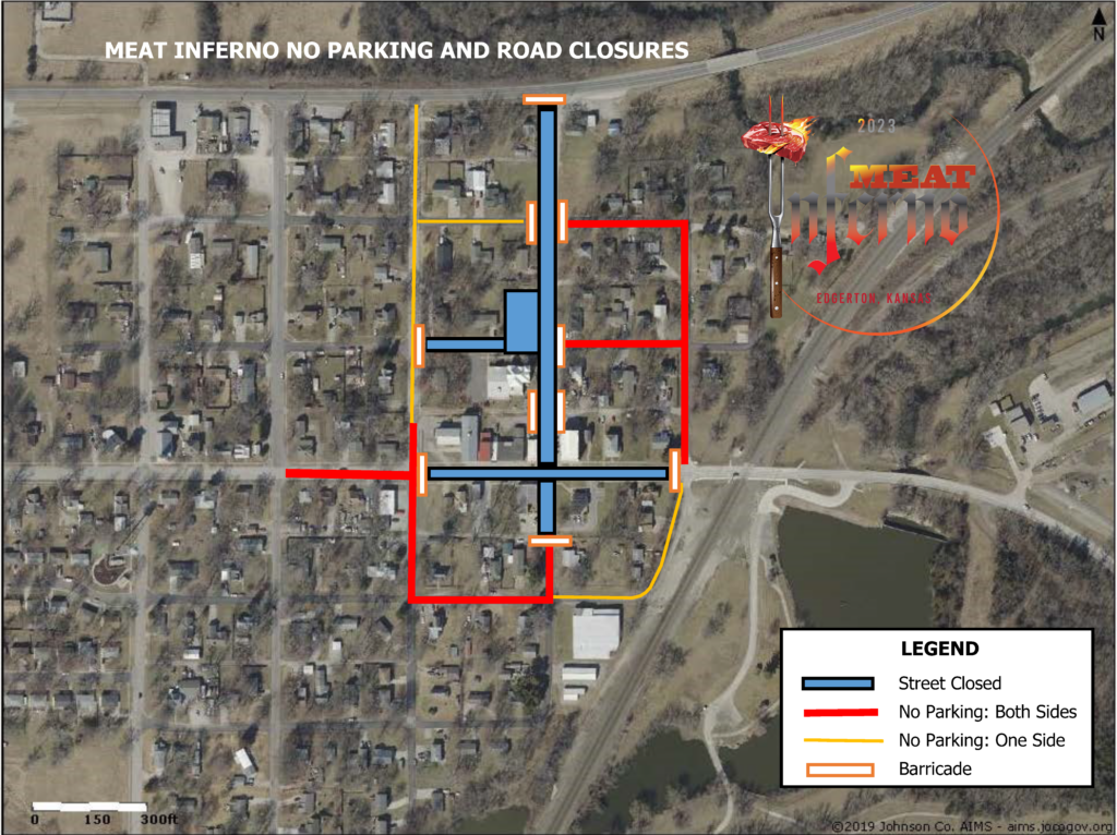 A map showing the road closures and parking restrictions around downtown Edgerton on October 6 & 7, 2023. Nelson Street between E. 5th and E. 3rd and 4th Street between US 56 and the alley behind the Library will be closed to vehicular traffic.
