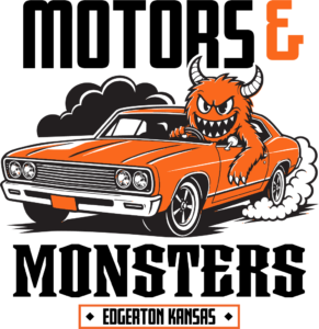 The words Motors and Monsters with an orange monster driving an orange classic car.