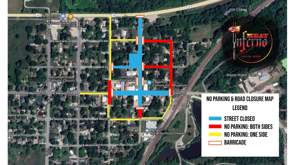 A map showing the street closures and parking restrictions around the Meat Inferno event in Edgerton Kansas.