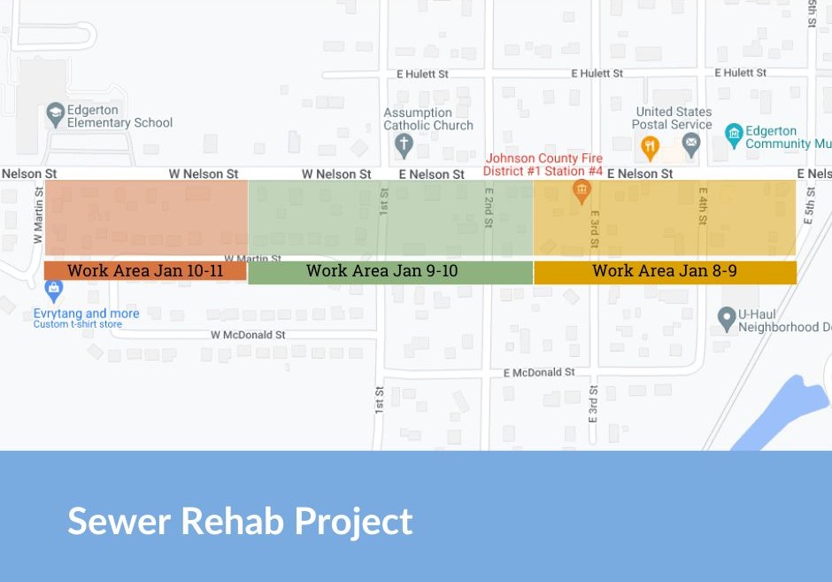 A map of the project area with highlighted sections to show when work will begin. Work will start on the east side and work west throughout the week.