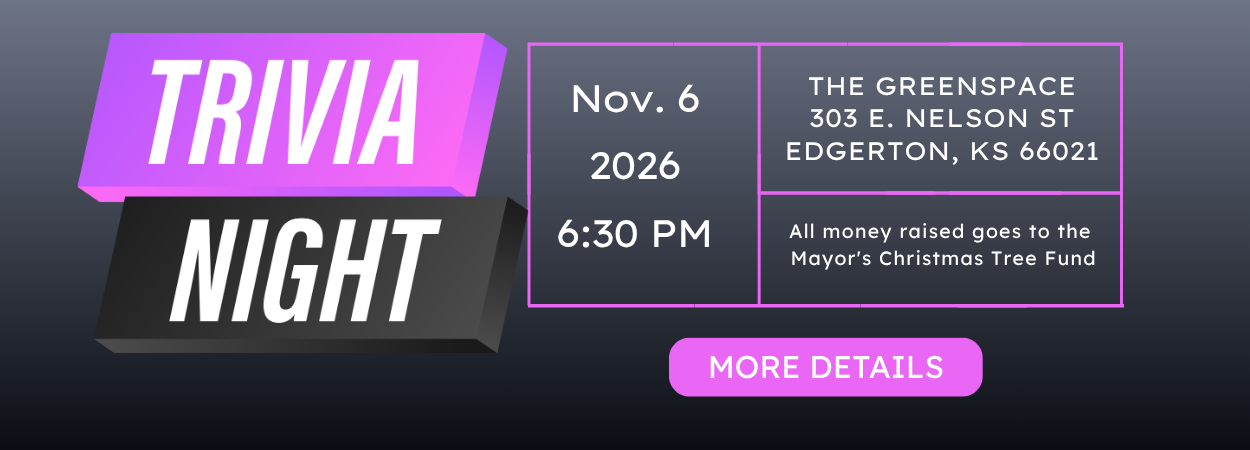 The words Trivia Night. November 6, 2026 at 6:30 pm in The Greenspace. A button to learn more details.