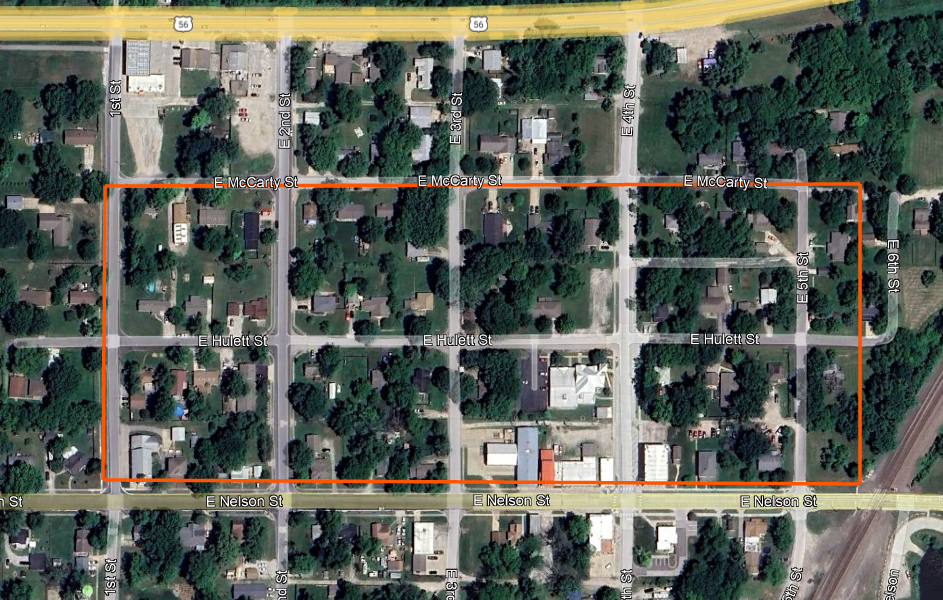 A map of Edgerton with an orange box surrounding homes between McCarty and Nelson Street from 1st Street to East 5th Street.