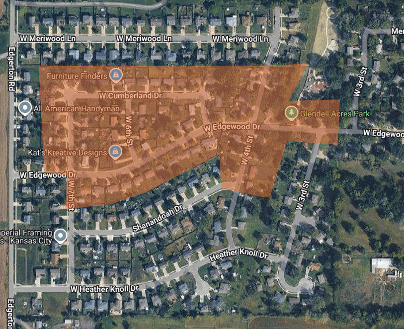 A map of the neighborhood south of W. 8th and Meriwood. An orange box covers most of Cumberland, Edgewood, and much of West 4th Street.