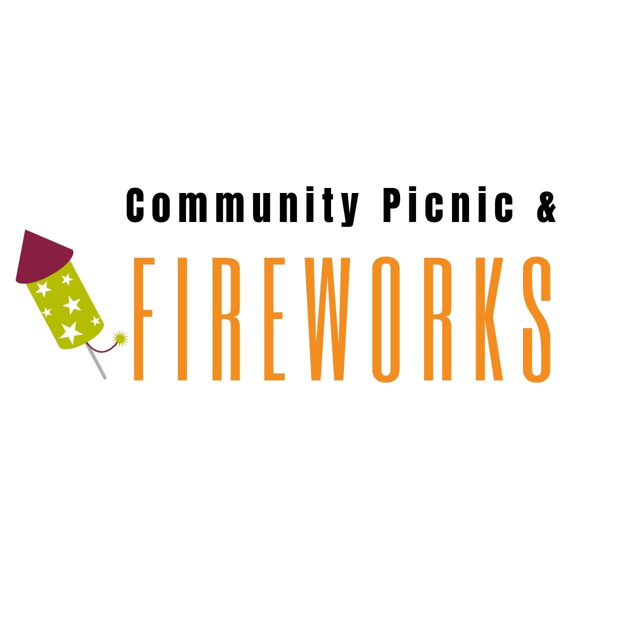 Community Picnic and Fireworks with a magenta and green firecracker