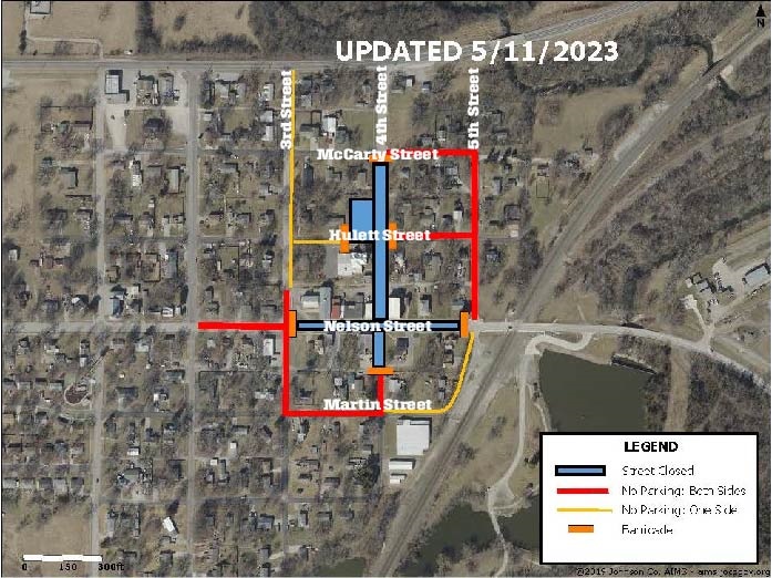 A map showing the road closures and no parking zones around Downtown Edgerton during Frontier Days 2023